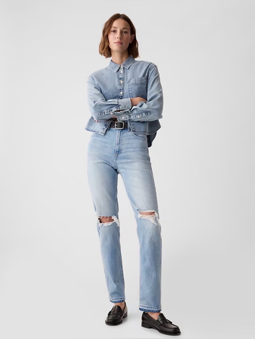 GAP Distressed Light Blue High-Rise Cheeky Straight Jeans size 10 T